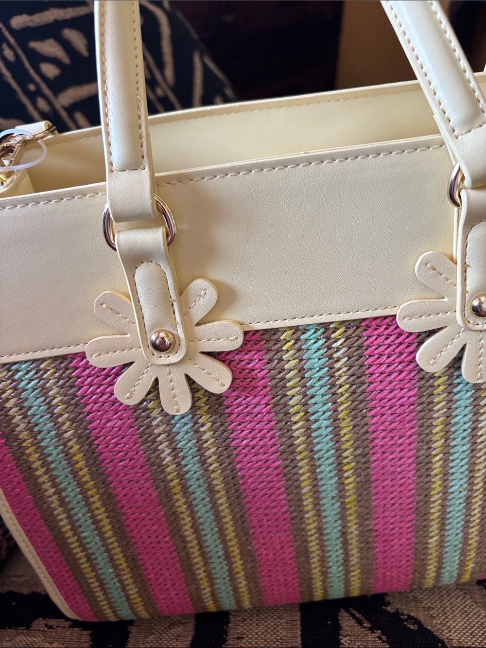 Yellow Multicolor Striped Tote Bag with Floral Charm - Picture 3 of 6